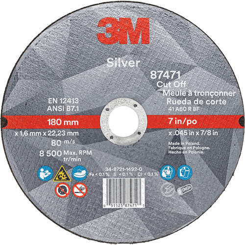 Silver Cut-Off Wheel, 7" x 0.045", 7/8" Arbor, Type 1, Ceramic, 8500 RPM Helyx Safety & Industrial Supplies