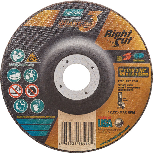 Meule &agrave; tronçonner Quantum3 RightCut, 5" x 1/16", Arbre de 7/8", Type 27/42, C&eacute;ramique d'alumine, 12225 Tr/min Helyx Safety & Industrial Supplies