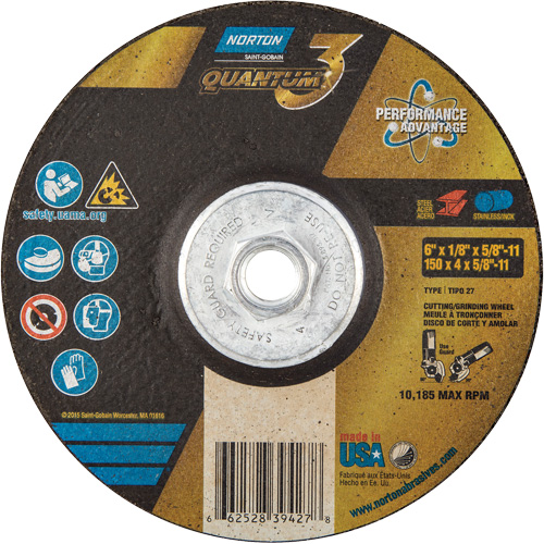 Disque de rectification et de tronçonnage Quantum3, 6" x 1/8", Arbre de 5/8"-11, Type 27, Grain de 24, C&eacute;ramique d'alumine Helyx Safety & Industrial Supplies