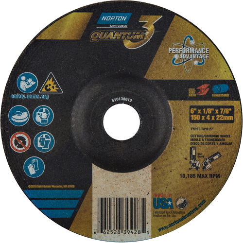 Disque de rectification et de tronçonnage Quantum3, 6" x 1/8", Arbre de 7/8", Type 27, Grain de 24, C&eacute;ramique d'alumine Helyx Safety & Industrial Supplies