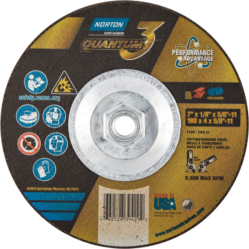Disque de rectification et de tronçonnage Quantum3, 7" x 1/8", Arbre de 5/8"-11, Type 27, Grain de 24, C&eacute;ramique d'alumine Helyx Safety & Industrial Supplies