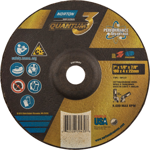 Disque de rectification et de tronçonnage Quantum3, 7" x 1/8", Arbre de 7/8", Type 27, Grain de 24, C&eacute;ramique d'alumine Helyx Safety & Industrial Supplies