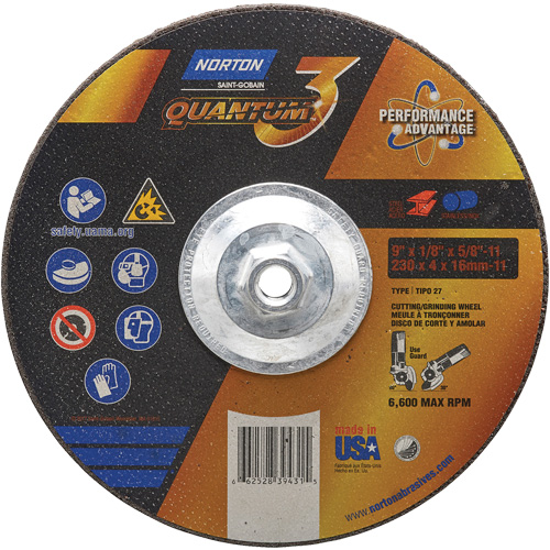 Quantum3 Grinding & Cutting Wheel, 9" x 1/8", 5/8"-11 Arbor, Type 27, 24 Grit, Ceramic Alumina Helyx Safety & Industrial Supplies