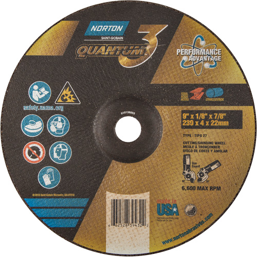 Disque de rectification et de tronçonnage Quantum3, 9" x 1/8", Arbre de 7/8", Type 27, Grain de 24, C&eacute;ramique d'alumine Helyx Safety & Industrial Supplies