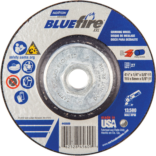 BlueFire&reg; XXL Grinding Wheel, 4-1/2" x 1/4", 5/8" Arbor, Ceramic Alumina, Type 27 Helyx Safety & Industrial Supplies