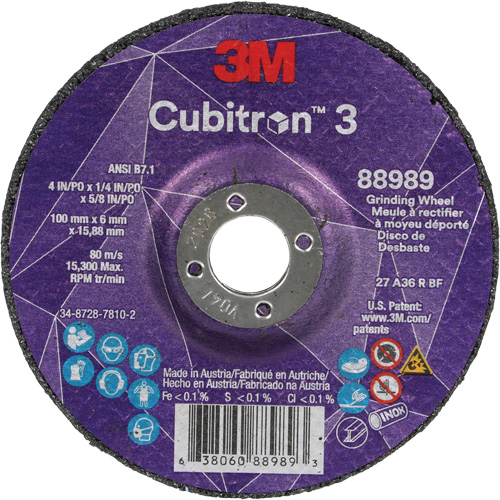Cubitron 3 Depressed Centre Grinding Wheel, 4" x 1/4", 5/8" Arbor, Ceramic, Type T27 Helyx Safety & Industrial Supplies