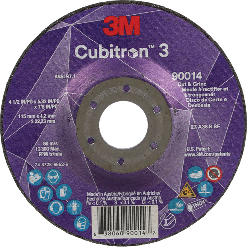 Cubitron 3 Cut & Grind Wheel, 4-1/2" x 5/32", 7/8" Arbor, Type T27, 36+ Grit, Ceramic Helyx Safety & Industrial Supplies