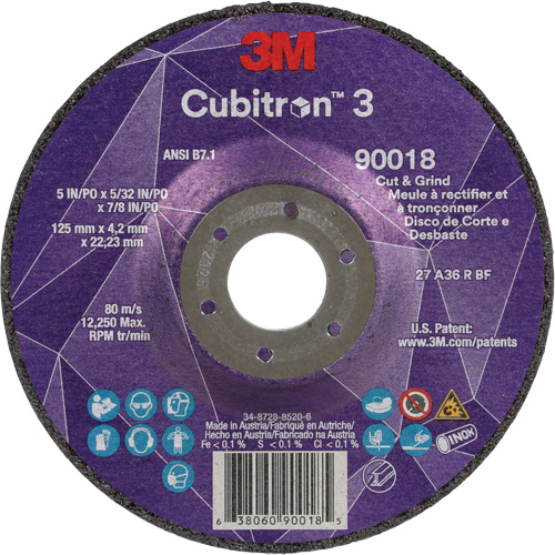 Cubitron 3 Cut & Grind Wheel, 5" x 5/32", 7/8" Arbor, Type T27, 36+ Grit, Ceramic Helyx Safety & Industrial Supplies