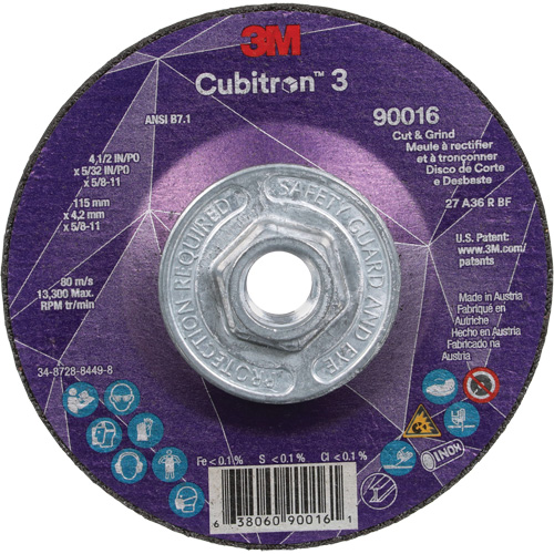 Cubitron 3 Cut & Grind Wheel, 4-1/2" x 5/32", 5/8"-11 Arbor, Type T27, 36+ Grit, Ceramic Helyx Safety & Industrial Supplies