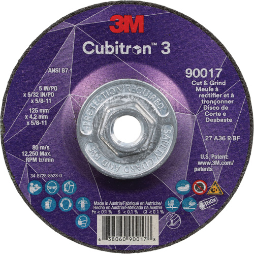 Cubitron 3 Cut & Grind Wheel, 5" x 5/32", 5/8"-11 Arbor, Type T27, 36+ Grit, Ceramic Helyx Safety & Industrial Supplies