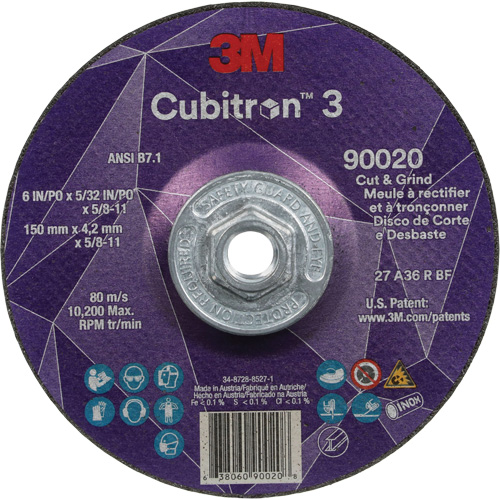 Cubitron 3 Cut & Grind Wheel, 6" x 5/32", 5/8"-11 Arbor, Type T27, 36+ Grit, Ceramic Helyx Safety & Industrial Supplies