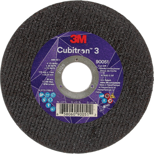 Meule &agrave; tronçonner Cubitron 3, 4-1/2" x 0,04", Arbre de 7/8", Type T1, C&eacute;ramique, 13 300 Tr/min Helyx Safety & Industrial Supplies