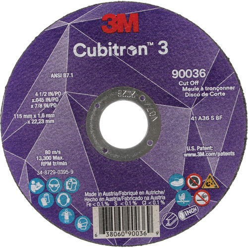 Meule &agrave; tronçonner Cubitron 3, 4-1/2" x 0,045", Arbre de 7/8", Type T1, C&eacute;ramique, 13 300 Tr/min Helyx Safety & Industrial Supplies