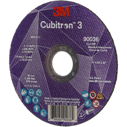 Meule &agrave; tronçonner Cubitron 3, 4-1/2" x 0,045", Arbre de 7/8", Type T1, C&eacute;ramique, 13 300 Tr/min Helyx Safety & Industrial Supplies