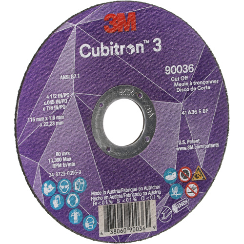 Meule &agrave; tronçonner Cubitron 3, 4-1/2" x 0,045", Arbre de 7/8", Type T1, C&eacute;ramique, 13 300 Tr/min Helyx Safety & Industrial Supplies
