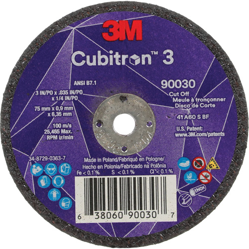 Cubitron 3 Cut-Off Wheel, 3" x 0.035", 1/4" Arbor, Type T1, Ceramic, 21000 RPM Helyx Safety & Industrial Supplies