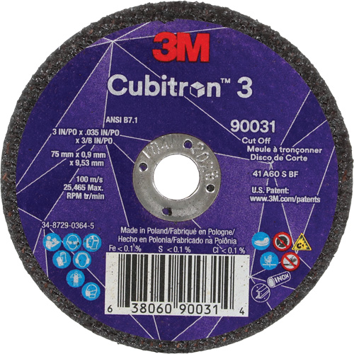 Cubitron 3 Cut-Off Wheel, 3" x 0.035", 3/8" Arbor, Type T1, Ceramic, 21000 RPM Helyx Safety & Industrial Supplies