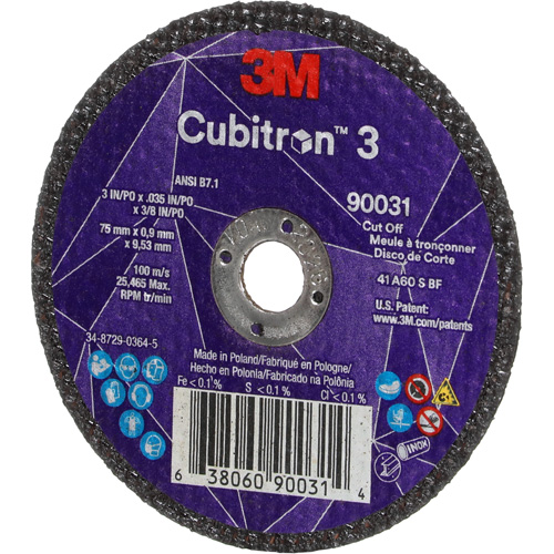 Cubitron 3 Cut-Off Wheel, 3" x 0.035", 3/8" Arbor, Type T1, Ceramic, 21000 RPM Helyx Safety & Industrial Supplies