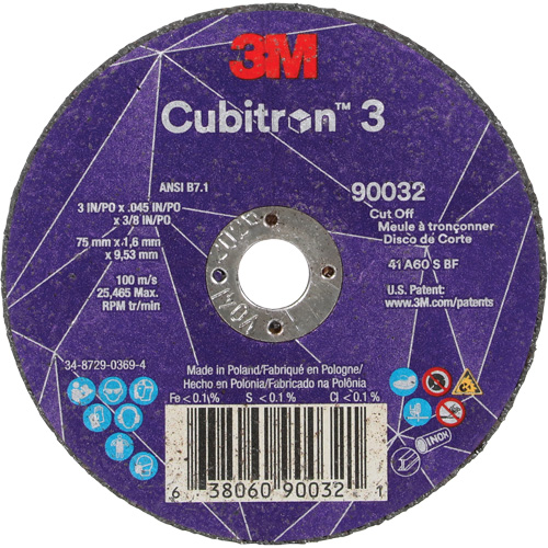 Cubitron 3 Cut-Off Wheel, 3" x 0.045", 3/8" Arbor, Type T1, Ceramic, 21000 RPM Helyx Safety & Industrial Supplies