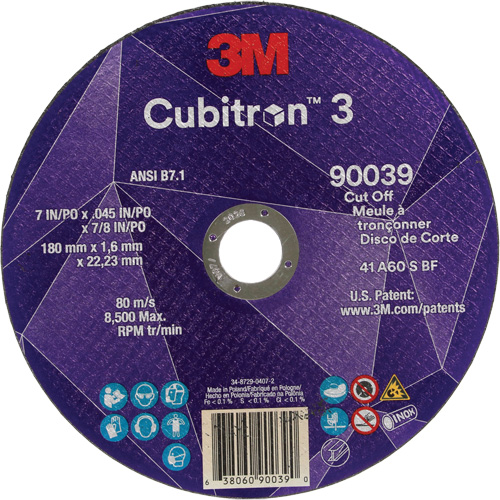 Cubitron 3 Cut-Off Wheel, 7" x 0.09", 7/8" Arbor, Type T27, Ceramic, 8500 RPM Helyx Safety & Industrial Supplies