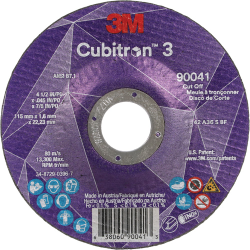Meule &agrave; tronçonner Cubitron 3, 4-1/2" x 0,045", Arbre de 7/8", Type T27, C&eacute;ramique, 13 300 Tr/min Helyx Safety & Industrial Supplies