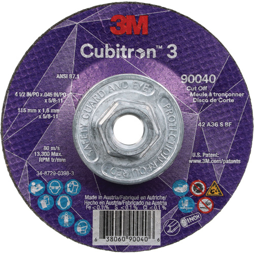 Cubitron 3 Cut-Off Wheel, 4-1/2" x 0.045", 5/8"-11 Arbor, Type T27, Ceramic, 13300 RPM Helyx Safety & Industrial Supplies