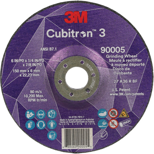 Cubitron 3 Depressed Centre Grinding Wheel, 6" x 1/4", 7/8" Arbor, Ceramic, Type T27 Helyx Safety & Industrial Supplies
