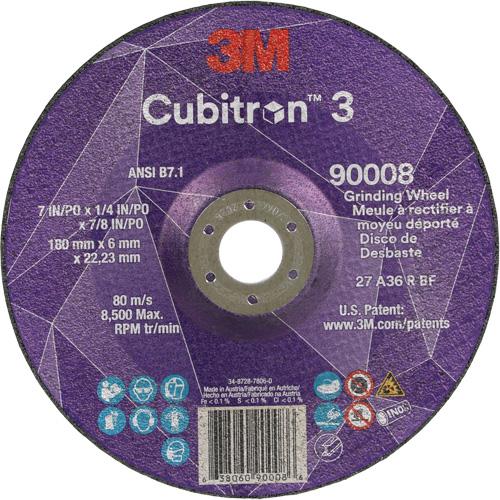 Cubitron 3 Depressed Centre Grinding Wheel, 7" x 1/4", 7/8" Arbor, Ceramic, Type T27 Helyx Safety & Industrial Supplies