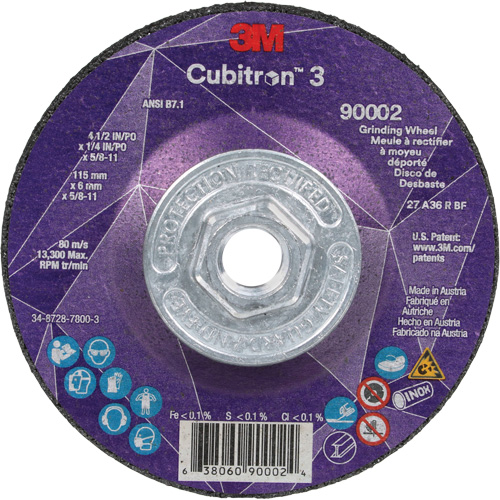 Cubitron 3 Depressed Centre Grinding Wheel, 4-1/2" x 1/4", 5/8"-11 Arbor, Ceramic, Type T27 Helyx Safety & Industrial Supplies