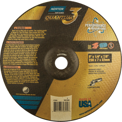 Quantum 3 SG Depressed Center Grinding Wheel, 9" x 1/4", 7/8" Arbor, Type 28, Ceramic, 6600 RPM Helyx Safety & Industrial Supplies