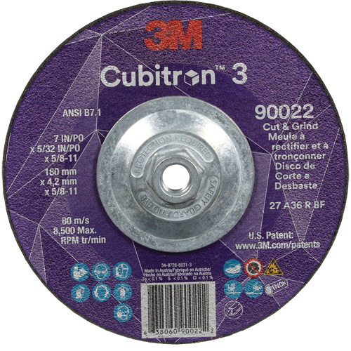 Cubitron 3 Cut and Grind Wheel, 7" x 5/32", 5/8"-11 Arbor, Type 27, 36 Grit, Ceramic Helyx Safety & Industrial Supplies