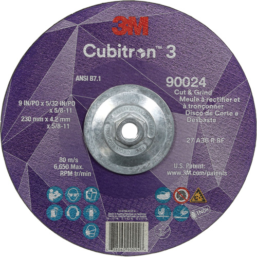 Cubitron 3 Cut and Grind Wheel, 9" x 5/32", 5/8"-11 Arbor, Type 27, 36 Grit, Ceramic Helyx Safety & Industrial Supplies