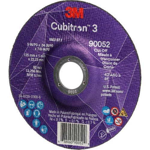 Meule &agrave; tronçonner Cubitron 3, 5" x 0,04", Arbre de 7/8", Type 27, C&eacute;ramique, 60 Tr/min Helyx Safety & Industrial Supplies