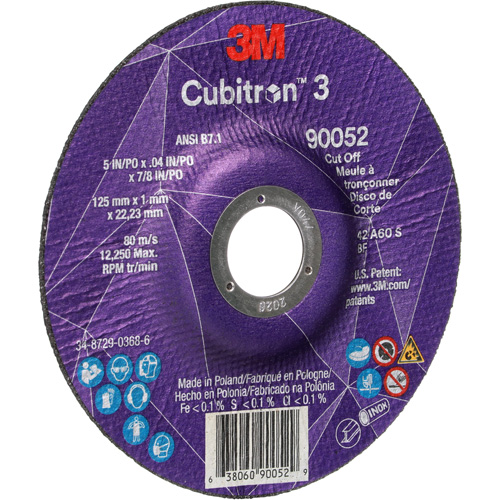 Meule &agrave; tronçonner Cubitron 3, 5" x 0,04", Arbre de 7/8", Type 27, C&eacute;ramique, 60 Tr/min Helyx Safety & Industrial Supplies