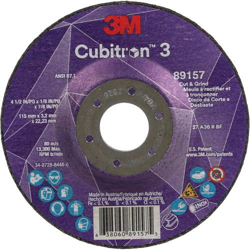 Meule &agrave; rectifier et &agrave; tronçonner Cubitron 3, 4-1/2" x 1/8", Arbre de 7/8", Type 27, Grain de 36, C&eacute;ramique Helyx Safety & Industrial Supplies