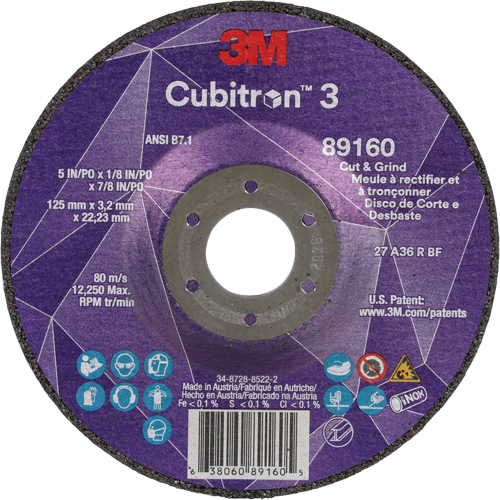 Cubitron 3 Cut and Grind Wheel, 5" x 1/8", 7/8" Arbor, Type 27, 36 Grit, Ceramic Helyx Safety & Industrial Supplies