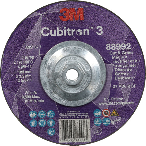 Meule &agrave; rectifier et &agrave; tronçonner Cubitron 3, 7" x 1/8", Arbre de 5/8"-11, Type 27, Grain de 36, C&eacute;ramique Helyx Safety & Industrial Supplies