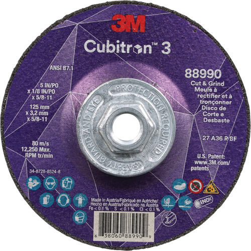 Cubitron 3 Cut and Grind Wheel, 5" x 1/8", 5/8"-11 Arbor, Type 27, 36 Grit, Ceramic Helyx Safety & Industrial Supplies