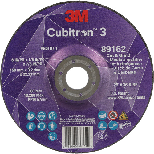 Meule &agrave; rectifier et &agrave; tronçonner Cubitron 3, 6" x 1/8", Arbre de 7/8", Type 27, Grain de 36, C&eacute;ramique Helyx Safety & Industrial Supplies