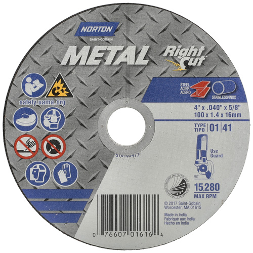 Meule &agrave; tronçonner m&eacute;tallique pour coupe &agrave; angle droit RightCut, 4-1/2" x 0,04", Arbre de 7/8", Type 01/41, Oxyde d'aluminium, 13580 Tr/min Helyx Safety & Industrial Supplies
