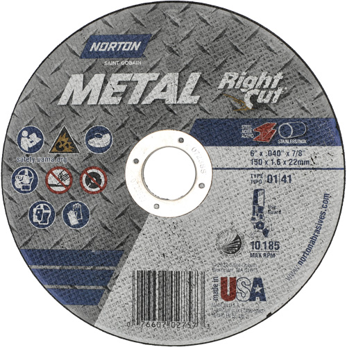 Meule &agrave; tronçonner m&eacute;tallique pour coupe &agrave; angle droit RightCut, 6" x 0,04", Arbre de 7/8", Type 01/41, Oxyde d'aluminium, 10185 Tr/min Helyx Safety & Industrial Supplies