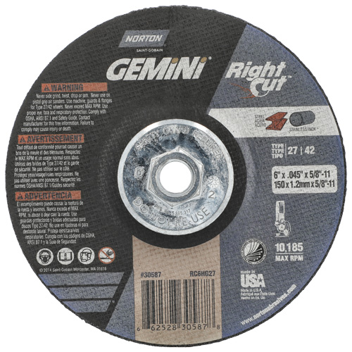 Meule &agrave; tronçonner pour coupe &agrave; angle droit RightCut Gemini, 6" x 0,045", Arbre de 5/8"-11, Type 27/42, Oxyde d'aluminium, 10185 Tr/min Helyx Safety & Industrial Supplies