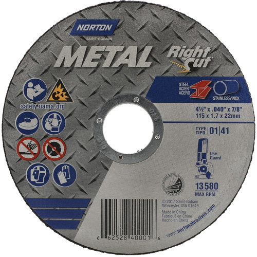 Metal RightCut Right Angle Cut-Off Wheel, 4-1/2" x 0.045", 7/8" Arbor, Type 01/41, Aluminum Oxide, 13580 RPM Helyx Safety & Industrial Supplies