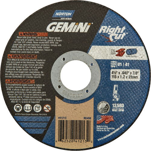 Gemini RightCut Right Angle Cut-Off Wheel, 4-1/2" x 0.045", 7/8" Arbor, Type 01/41, Aluminum Oxide, 13580 RPM Helyx Safety & Industrial Supplies