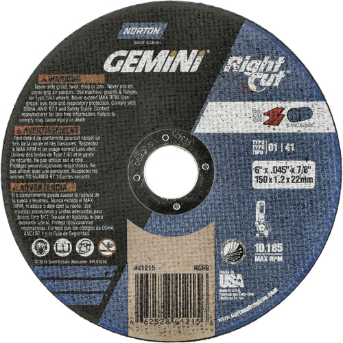 Meule &agrave; tronçonner pour coupe &agrave; angle droit RightCut Gemini, 6" x 0,045", Arbre de 7/8", Type 01/41, Oxyde d'aluminium, 10185 Tr/min Helyx Safety & Industrial Supplies