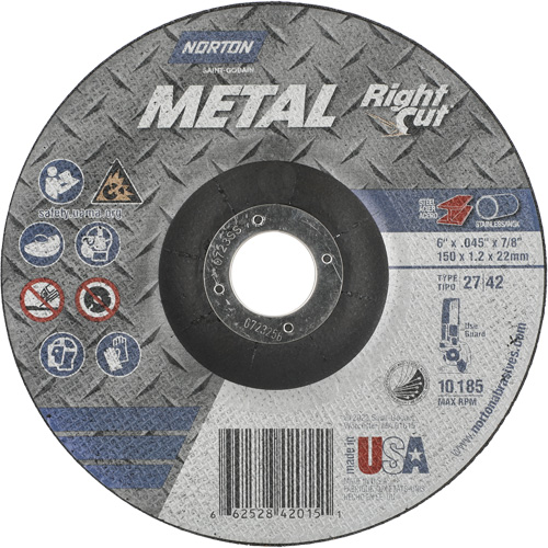 Meule &agrave; tronçonner m&eacute;tallique pour coupe &agrave; angle droit RightCut, 6" x 0,045", Arbre de 7/8", Type 27/42, Oxyde d'aluminium, 10190 Tr/min Helyx Safety & Industrial Supplies