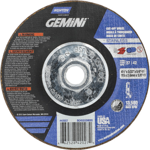 Meule &agrave; tronçonner pour coupe &agrave; angle droit INOX/SS Gemini, 4-1/2" x 3/32", Arbre de 5/8"-11, Type 27/42, Oxyde d'aluminium, 13580 Tr/min Helyx Safety & Industrial Supplies
