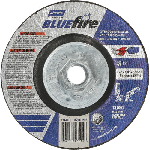 Disque de meulage et tronçonnage BlueFire, 4-1/2" x 1/8", Arbre de 5/8"-11, Type 27, Alumine de zirconium Helyx Safety & Industrial Supplies