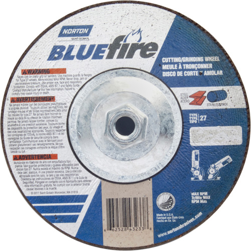 Disque de meulage et tronçonnage BlueFire, 7" x 1/8", Arbre de 5/8"-11, Type 27, Alumine de zirconium Helyx Safety & Industrial Supplies