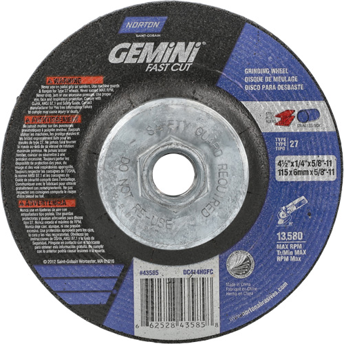 Meule Gemini, 4-1/2" x 1/4", Arbre 5/8"-11, Oxyde d'aluminium, Type 27 Helyx Safety & Industrial Supplies